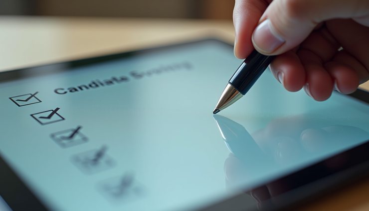 Close-up view of a digital checklist on a tablet used for candidate screening