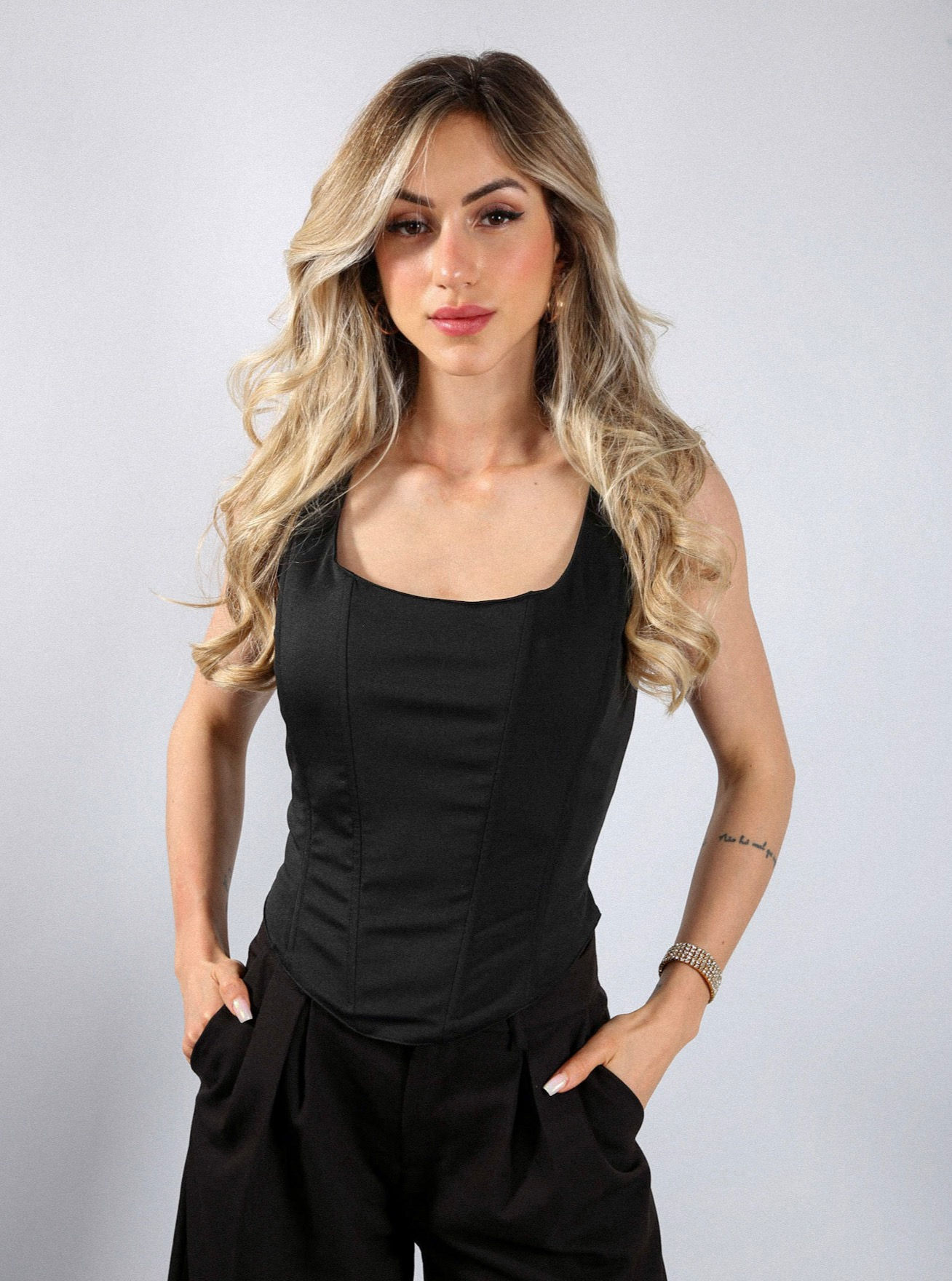 Black dip hem corset top