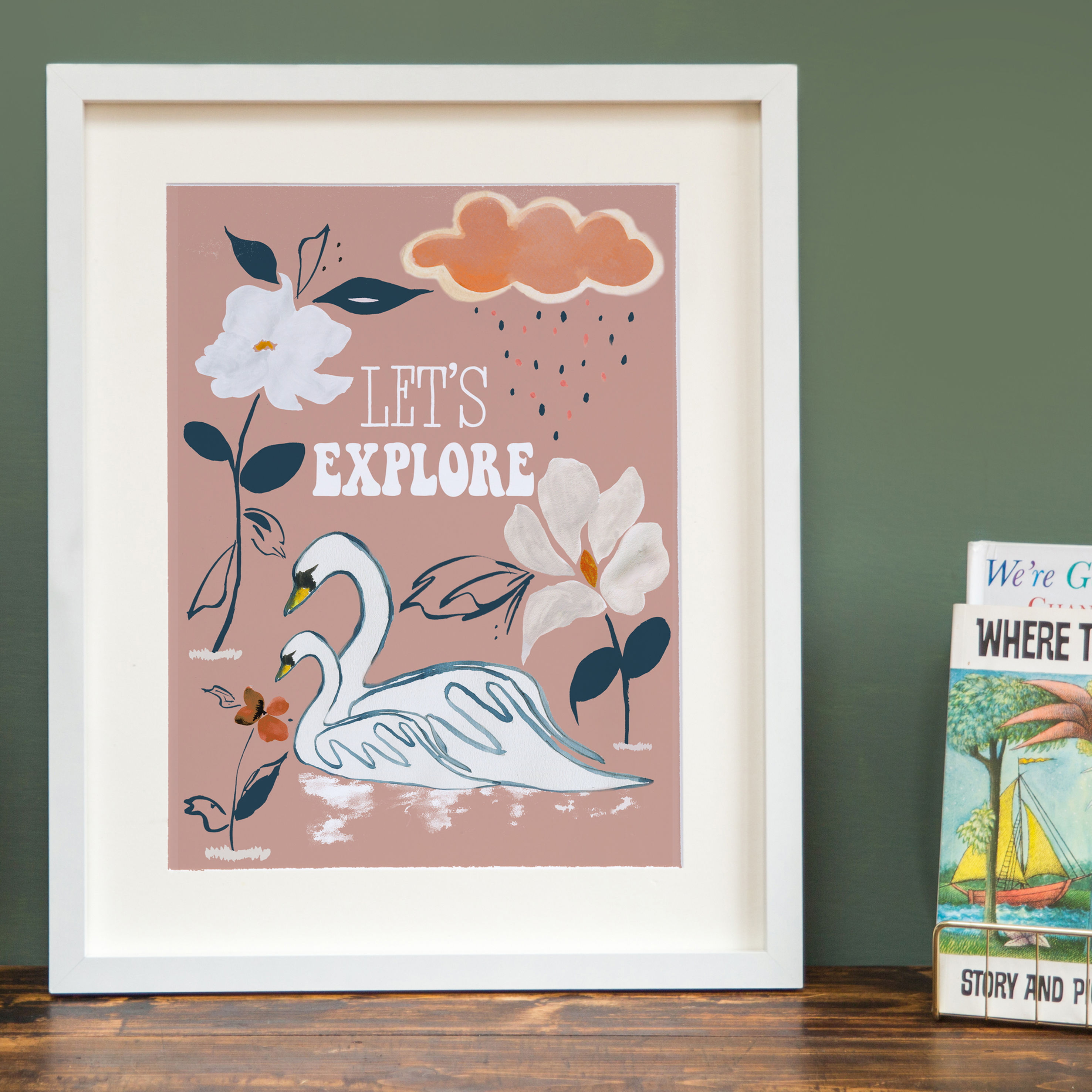 Let's Explore - Floral Swans Print- Dusky Pink Base