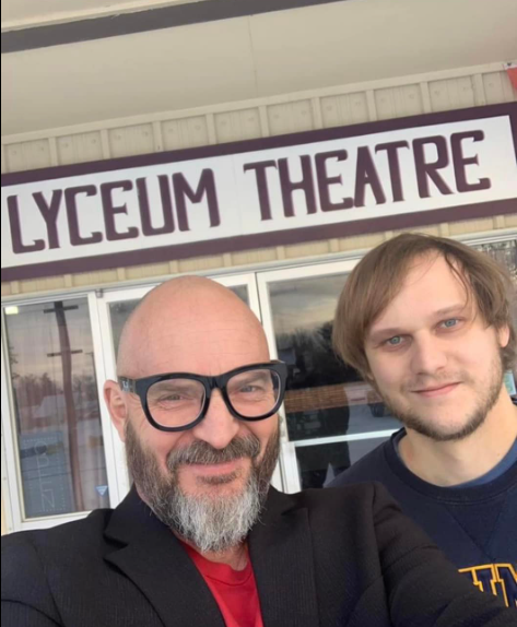 Above: Director Aaron Sinclair and Lyceum Manager Cole Girodat in front of the Lyceum Theatre before the showing of Guitar Lessons