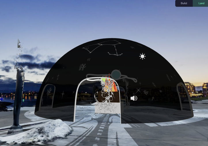 AR dome at dusk with constellation lines over a snowy square.