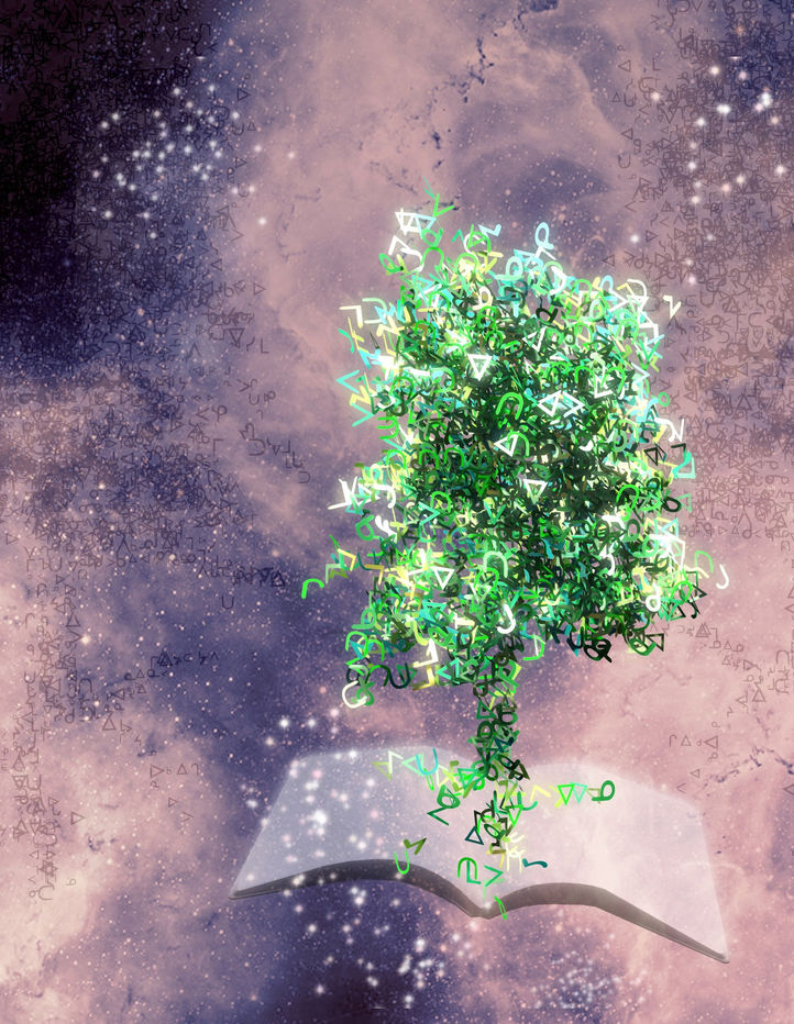 Alternate version of the cover art in deep blue, with a pale tree of letters over an open book.