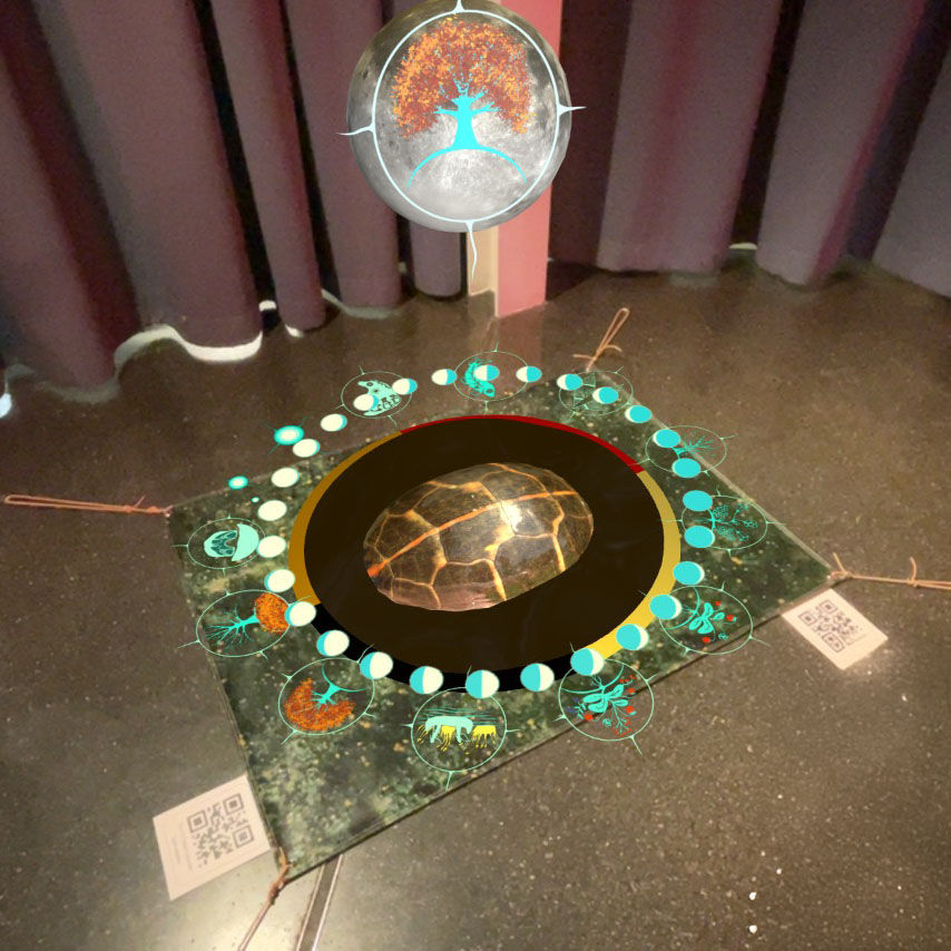 A digital artwork of a moon hovering over a turtle shell on the floor.