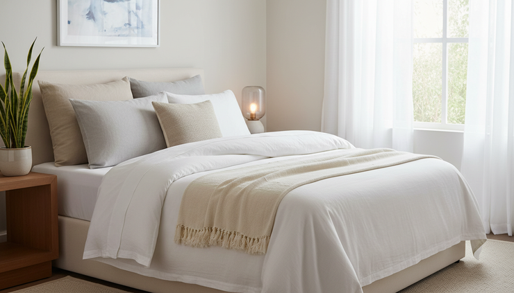 Eye-level view of a cozy bedroom with layered bedding and a plant near the window