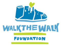 Walk the Walk Foundation logo, blue and lime green shoes walking, walk the walk