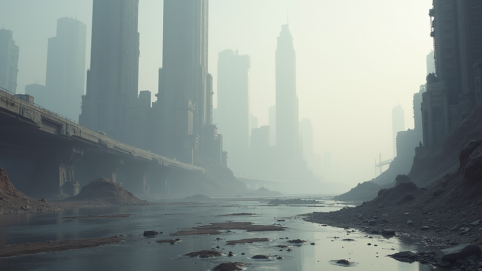 Wide angle view of a desolate futuristic cityscape