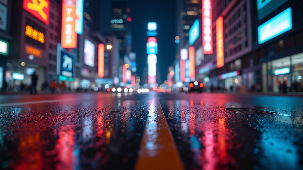 Eye-level view of a high-tech cityscape with neon lights