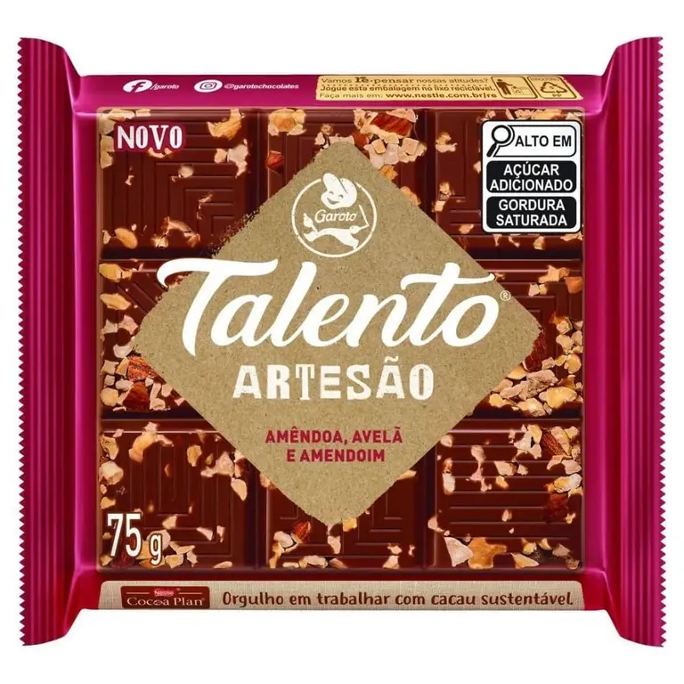 Chocolate Talento Artesão Amêndoa, Avelã e Amendoim 75g