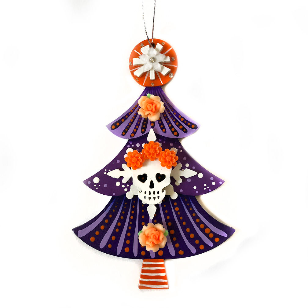 Purple And Orange Sugar Skull Christmas Tree Ornament