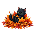 A cute black cat in a pile of fall leaves with a transparent background.png