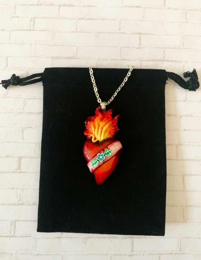 Thumbnail: Wounded Sacred Heart Pendant Necklace (Blue Flower)