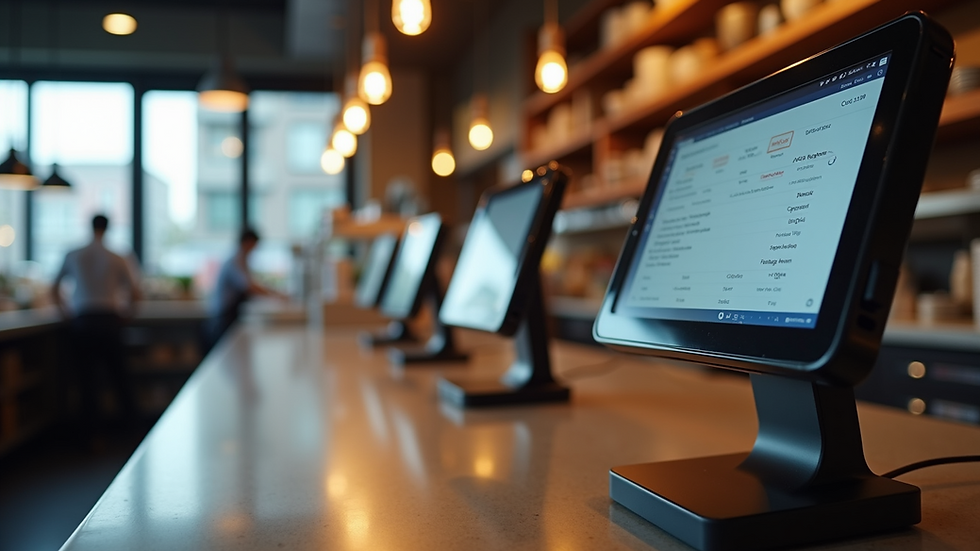 Eye-level view of a modern restaurant kitchen with digital order screens