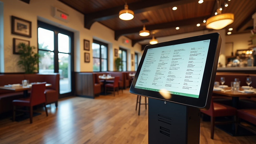 High angle view of a digital menu kiosk in a restaurant lobby