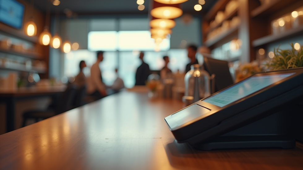 Eye-level view of a modern restaurant counter with a sleek POS terminal