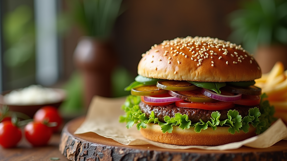 Close-up view of a gourmet burger with fresh toppings on a wooden table