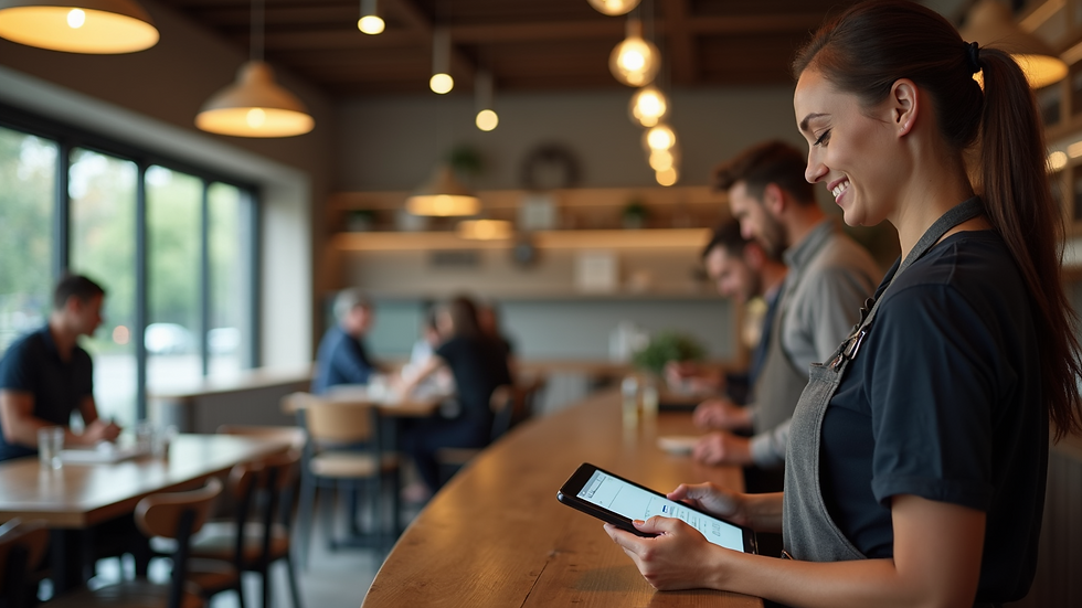 High angle view of restaurant staff using tablet for order management