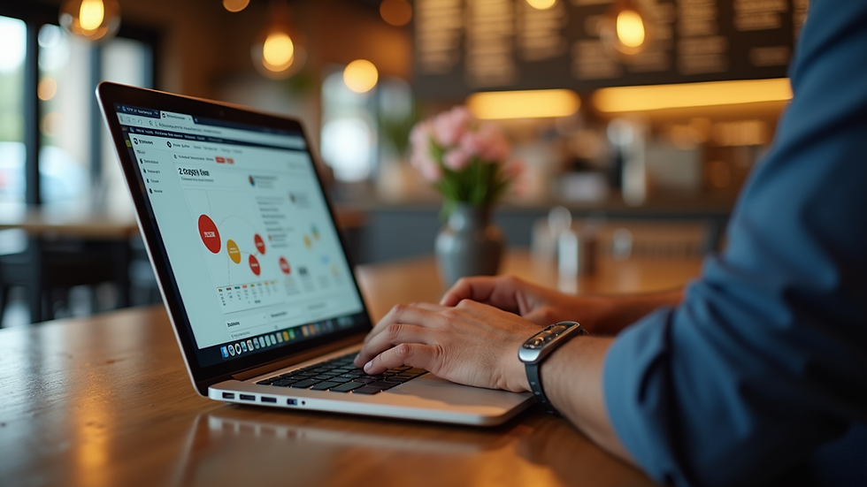 Close-up view of a restaurant owner setting up automated marketing campaigns on a laptop