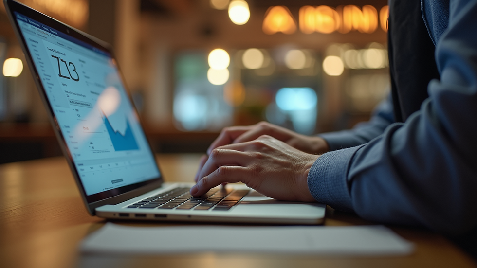 Close-up of a restaurant manager reviewing sales data on a laptop