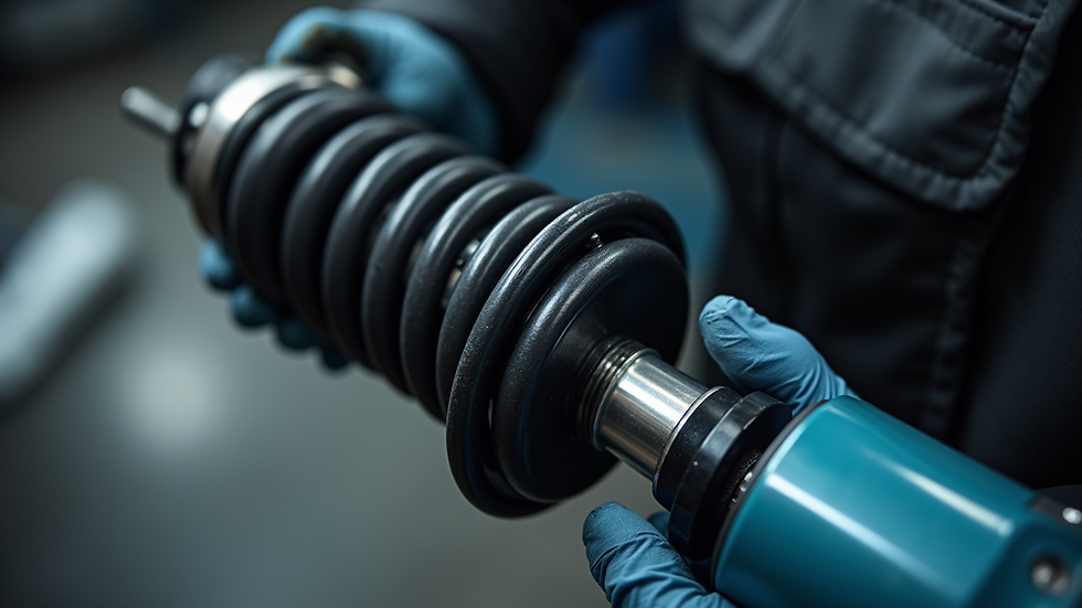 Close-up view of a car shock absorber being inspected in a workshop