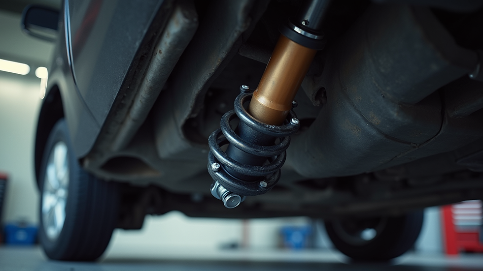 Eye-level view of a mechanic installing a reconditioned shock absorber on a car