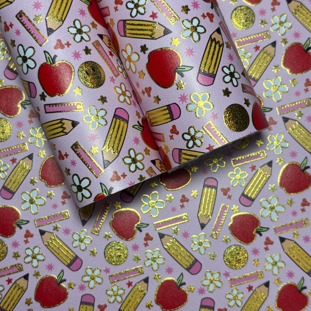 Pencil, apple and flowers gold foil