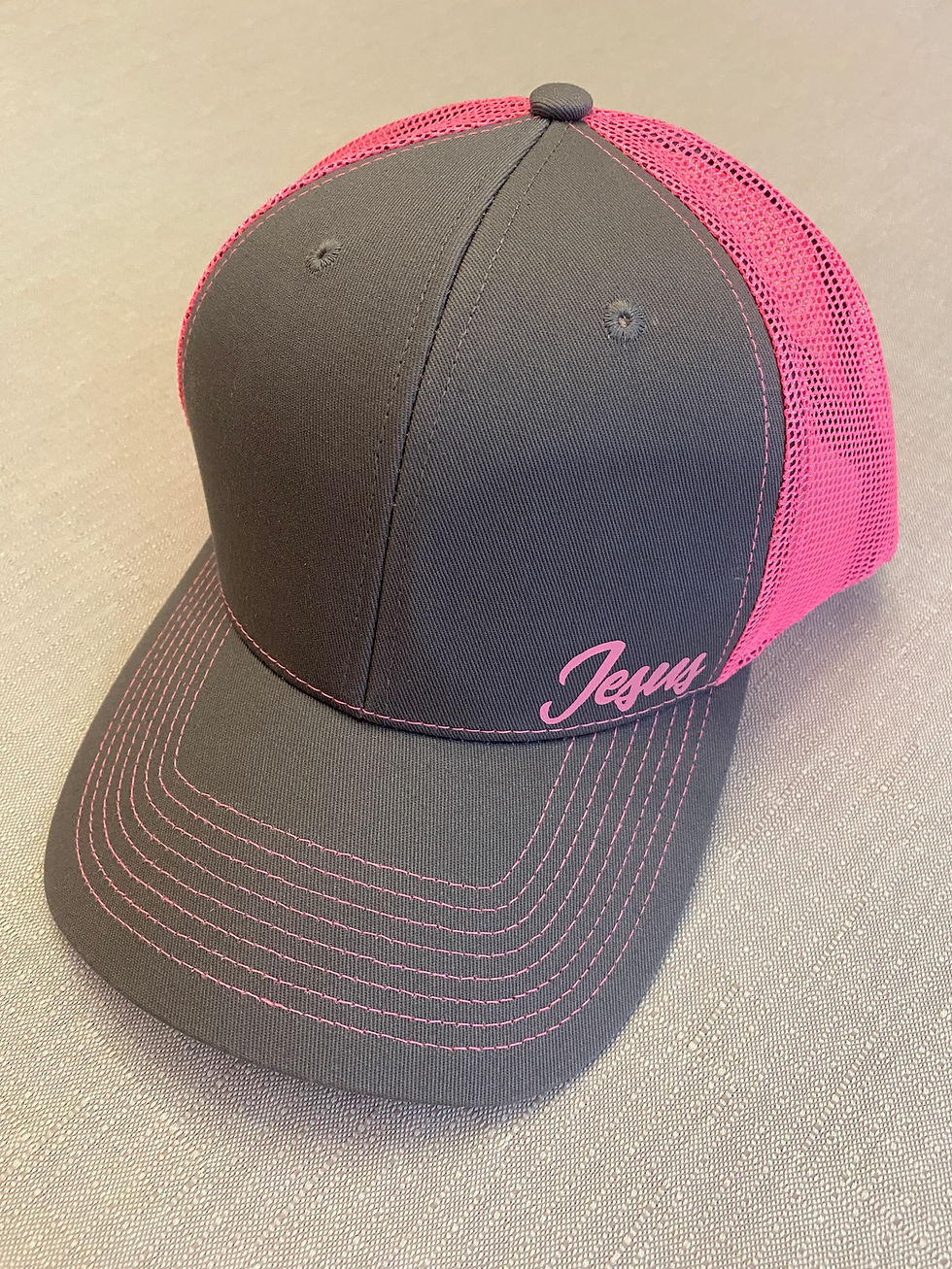 Thumbnail: Gray and pink trucker cap featuring Jesus script embroidery.