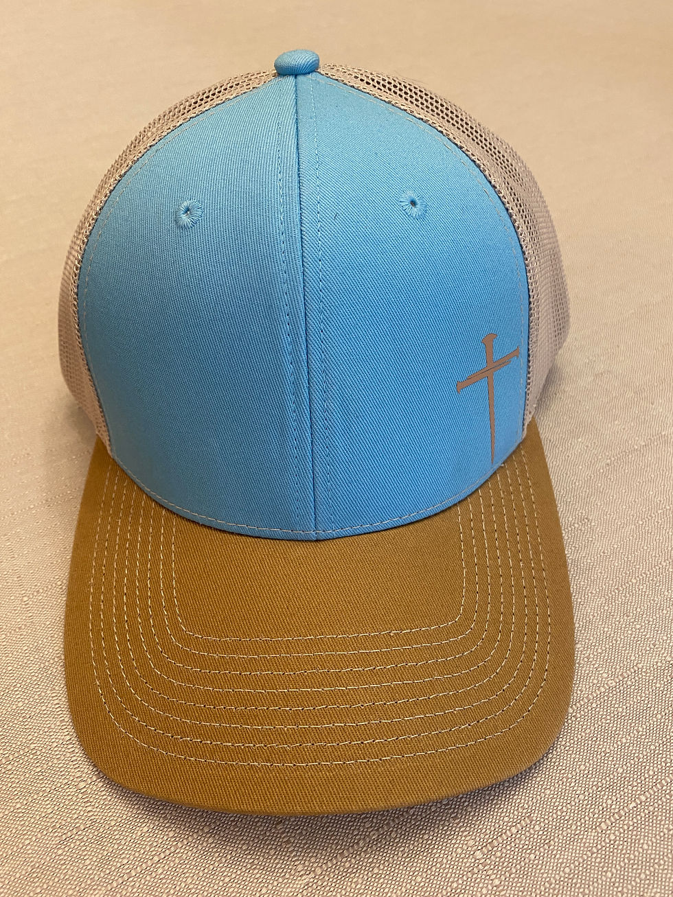 Thumbnail: Light blue and tan Christian cap with a cross logo.