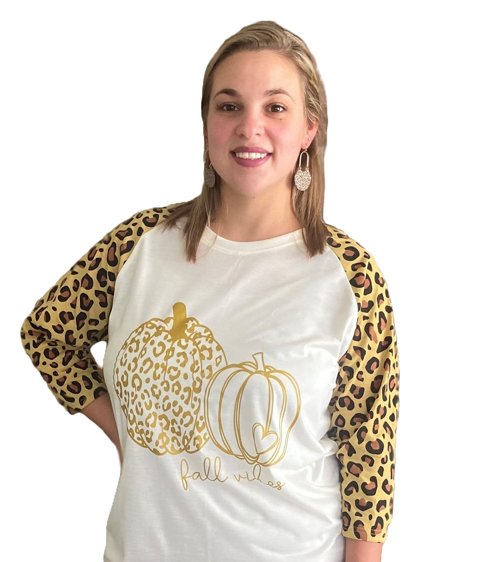 Thumbnail: Woman wearing an Adult Raglan Leopard Shirt with pumpkins.