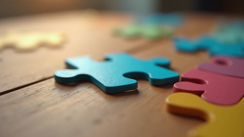 Close-up view of a colorful puzzle piece fitting into place on a wooden surface