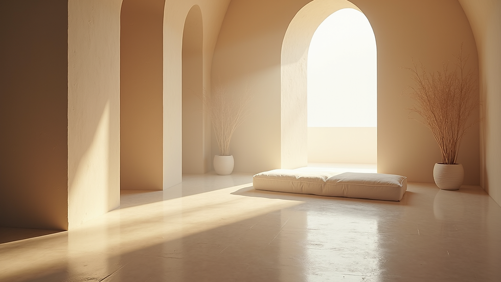 Eye-level view of a serene meditation space with soft lighting