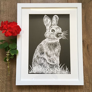 Rabbit linocut print original art for sale in the uk by Magnolia Lily Prints. This cute bunny print is a unique wall art piece suitable for both home decor and nursery interior design.