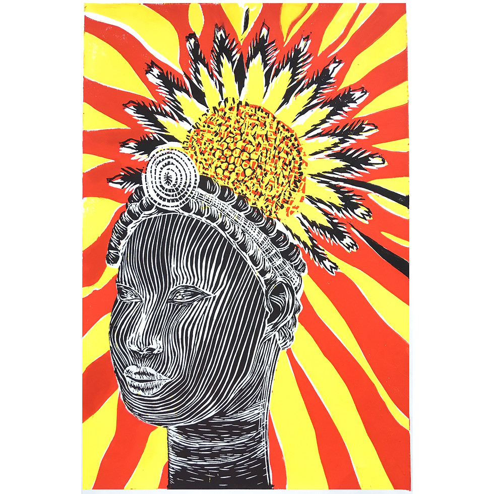 Benin bronzes British museum linocut print west African art and gazania flower