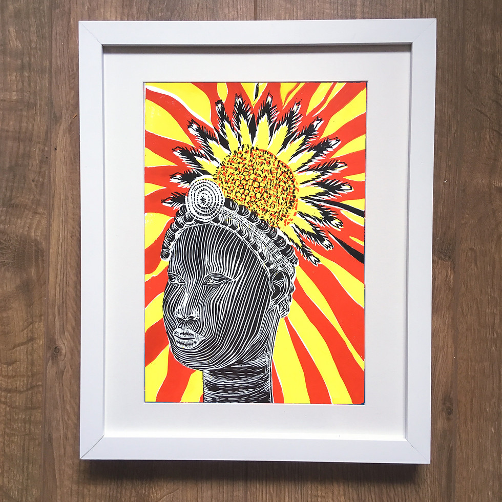 framed Benin bronzes lino print west African ethnic artwork inspired by British museum ancient sculptures