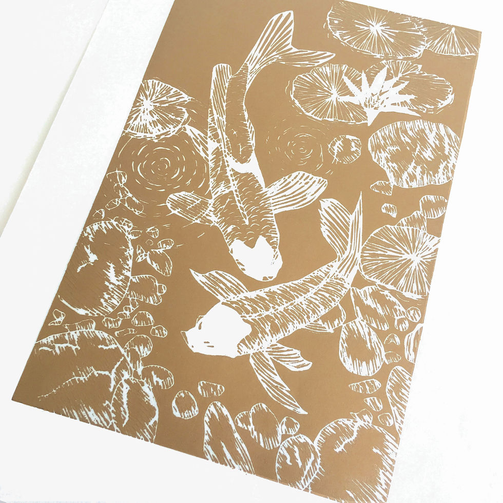 Thumbnail: Metallic gold Japanese Koi linocut print