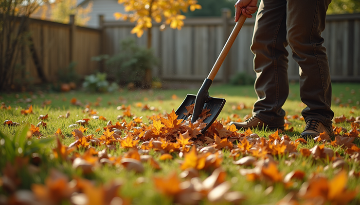High angle view of a gardener raking fallen leaves in a backyard during autumn