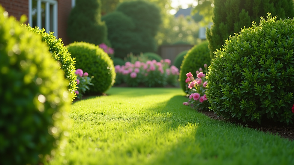 Close-up view of a lush green lawn with freshly trimmed bushes and flower beds