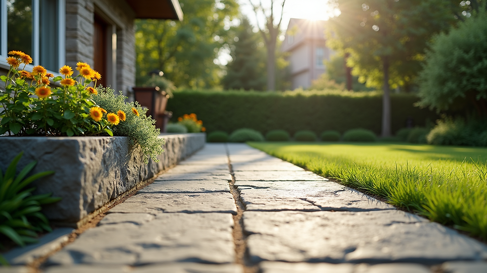 Eye-level view of a beautifully designed backyard patio with stone flooring and garden beds