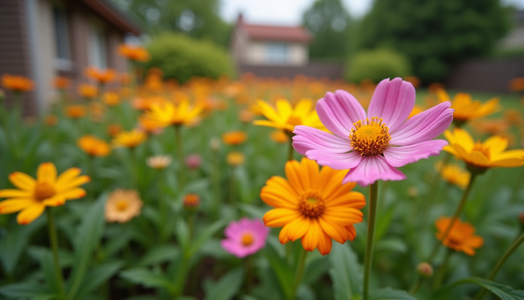High angle view of a well-maintained flower bed with colorful annuals in a Williamsville yard