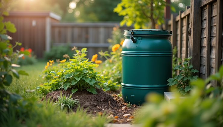 Close-up view of a sustainable Buffalo garden with compost bin and rainwater barrel