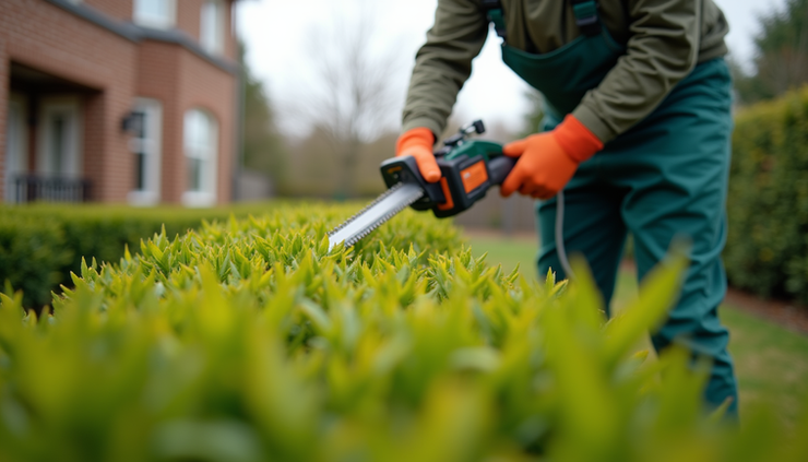 Eye-level view of a gardener trimming a lush green hedge in a residential yard
