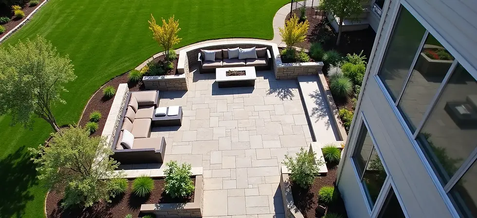 Modern backyard patio with fire pit and seating area, lush lawn, landscaping services Clarence NY
