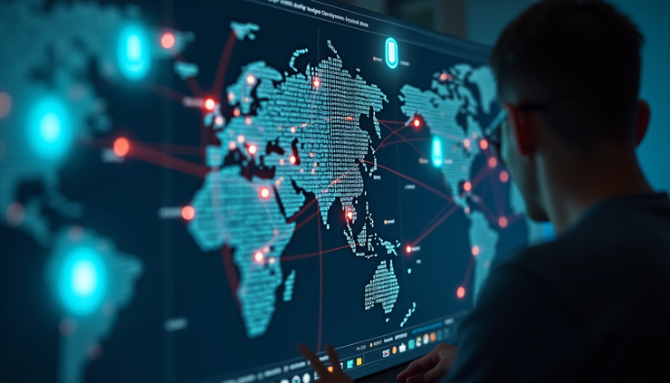Eye-level view of a computer screen displaying network security maps and vulnerability points