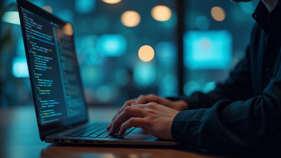Close-up view of a cybersecurity professional analyzing threat data on a laptop