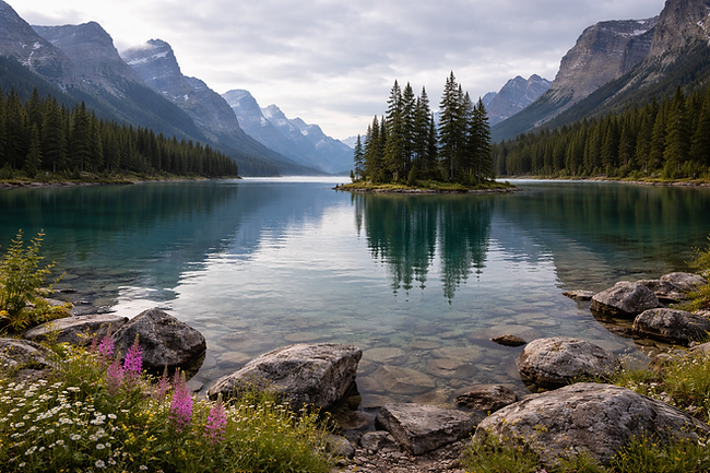 Lago alpino rodeado de montañas nevadas.png