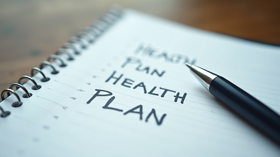 Close-up view of a notebook with handwritten health plan and a pen