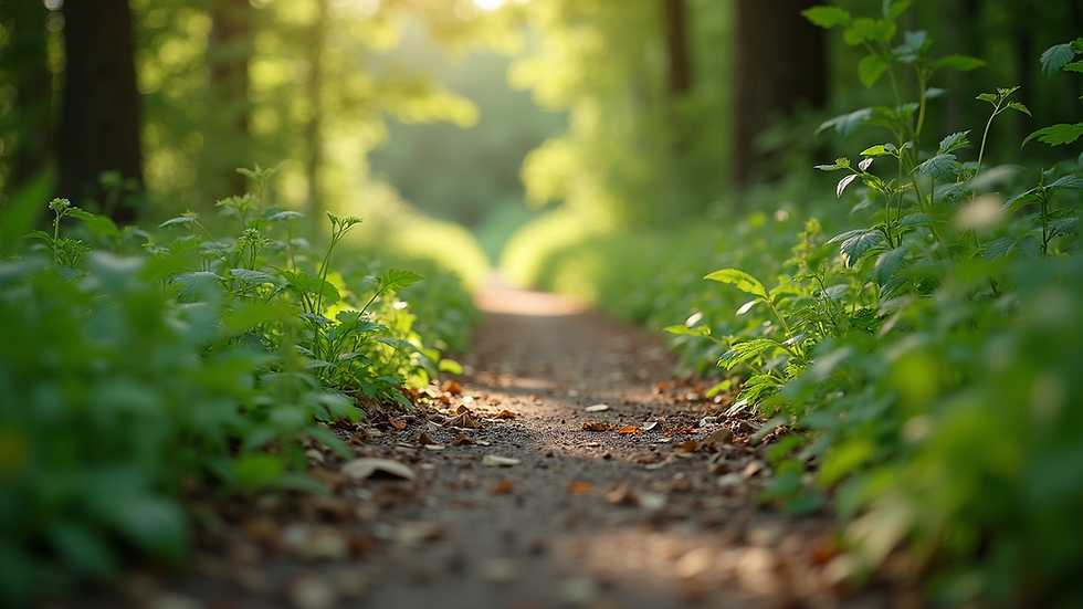 Eye-level view of a peaceful nature trail surrounded by lush greenery