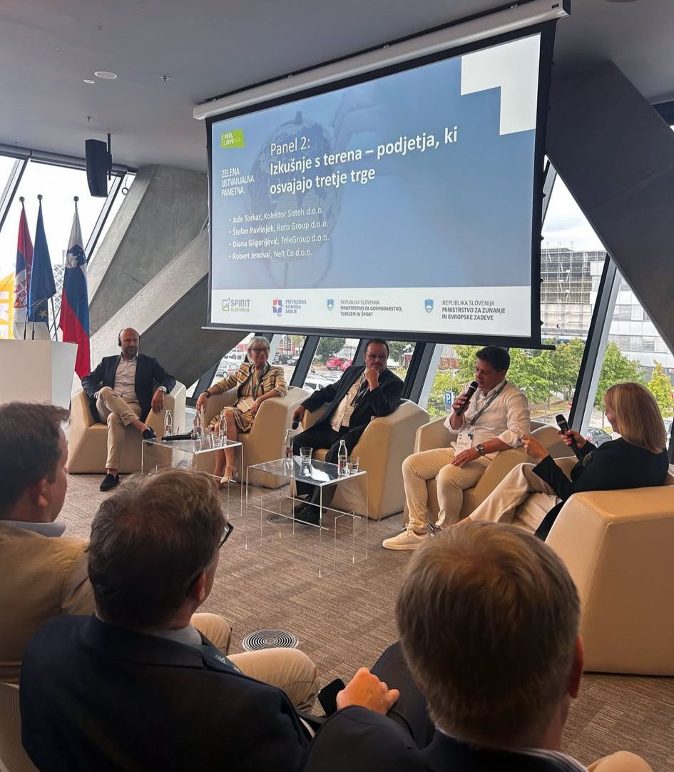 Panel discussion at the Serbia-Slovenia Business Forum in Ljubljana with TeleGroup representative Diana Gligorijević and other speakers.