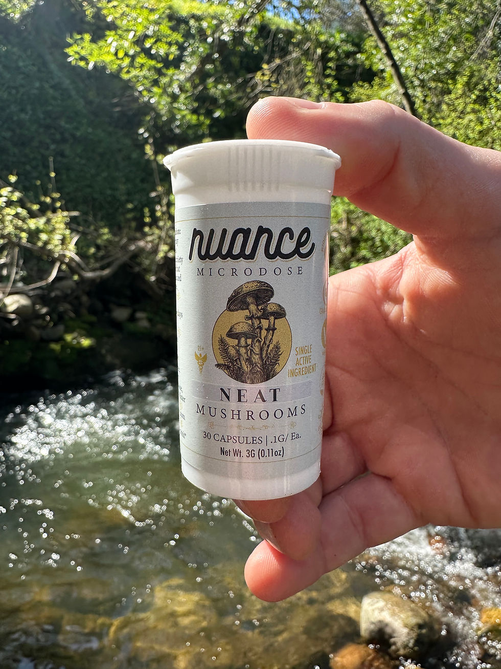 Thumbnail: A hand grasping a bottle of microdose capsules with a creek in the background