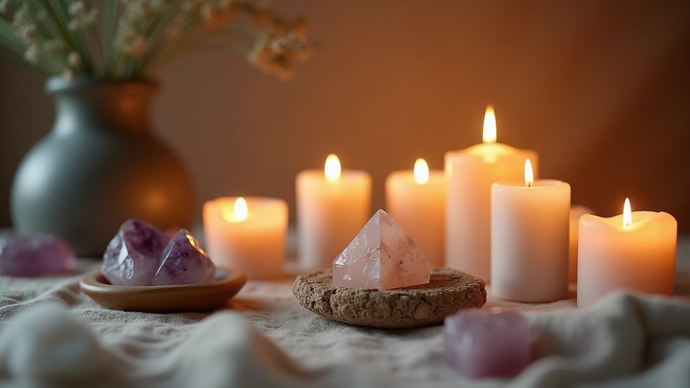 Close-up view of a meditation corner with candles and crystals