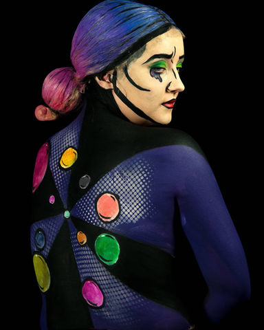 A mutlicoloured pop-art body paintong on the back of Saphron 